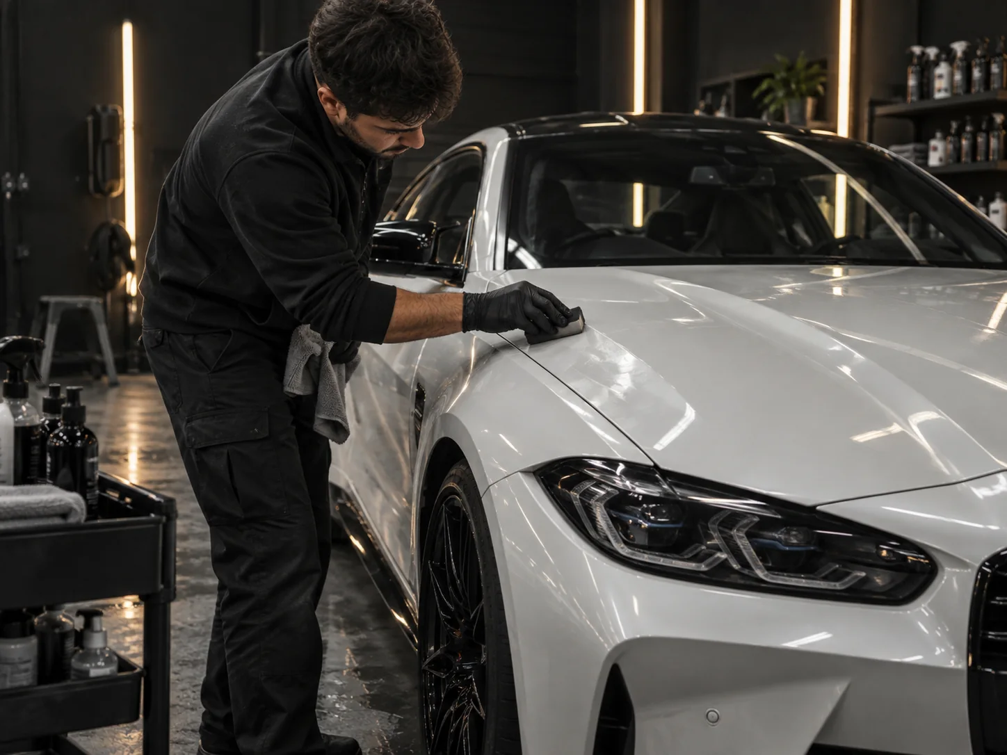 Białe sportowe coupé podczas przygotowania lakieru