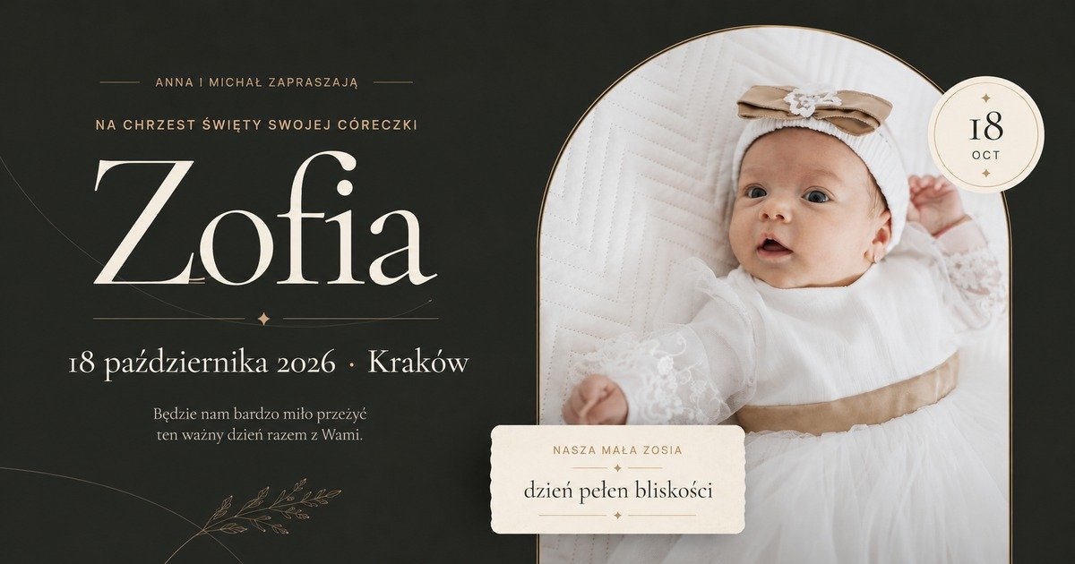Przykładowe zaproszenie na chrzest Zofii